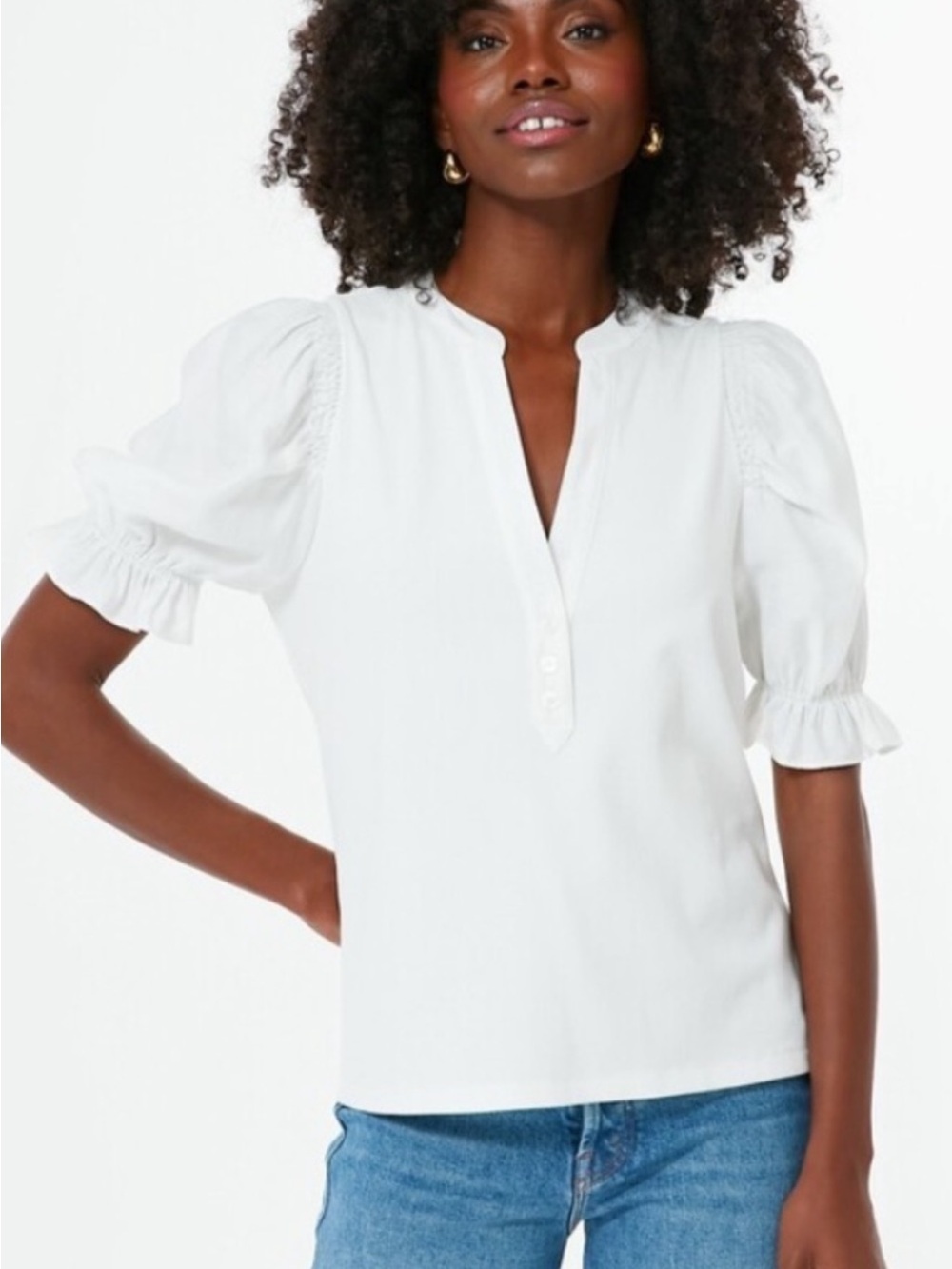 Pomander Place White Puff-Sleeve Split-Neck Blouse